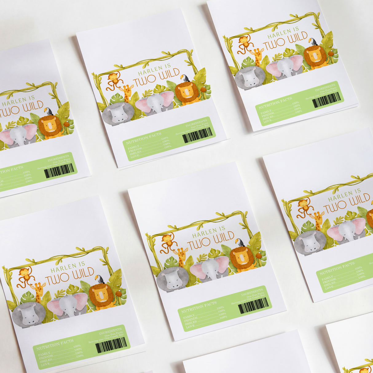 Jungle animal DIY chocolate wrapper sheets with multicolor “Two Wild” print and green label
