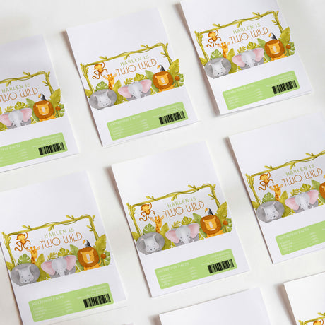 Jungle animal DIY chocolate wrapper sheets with multicolor “Two Wild” print and green label