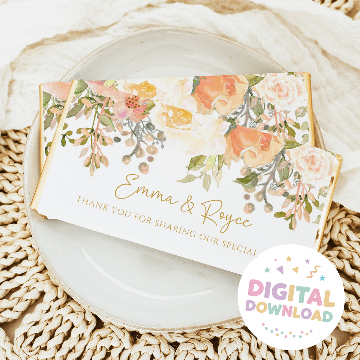 Peach and cream floral chocolate bar wrapper with thank-you text and gold script