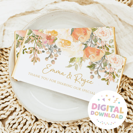 Peach and cream floral chocolate bar wrapper with thank-you text and gold script