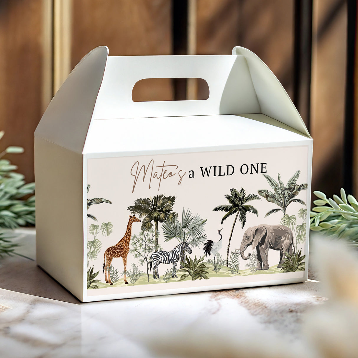 Personalised gable favour box with jungle animals and 'WILD ONE' text