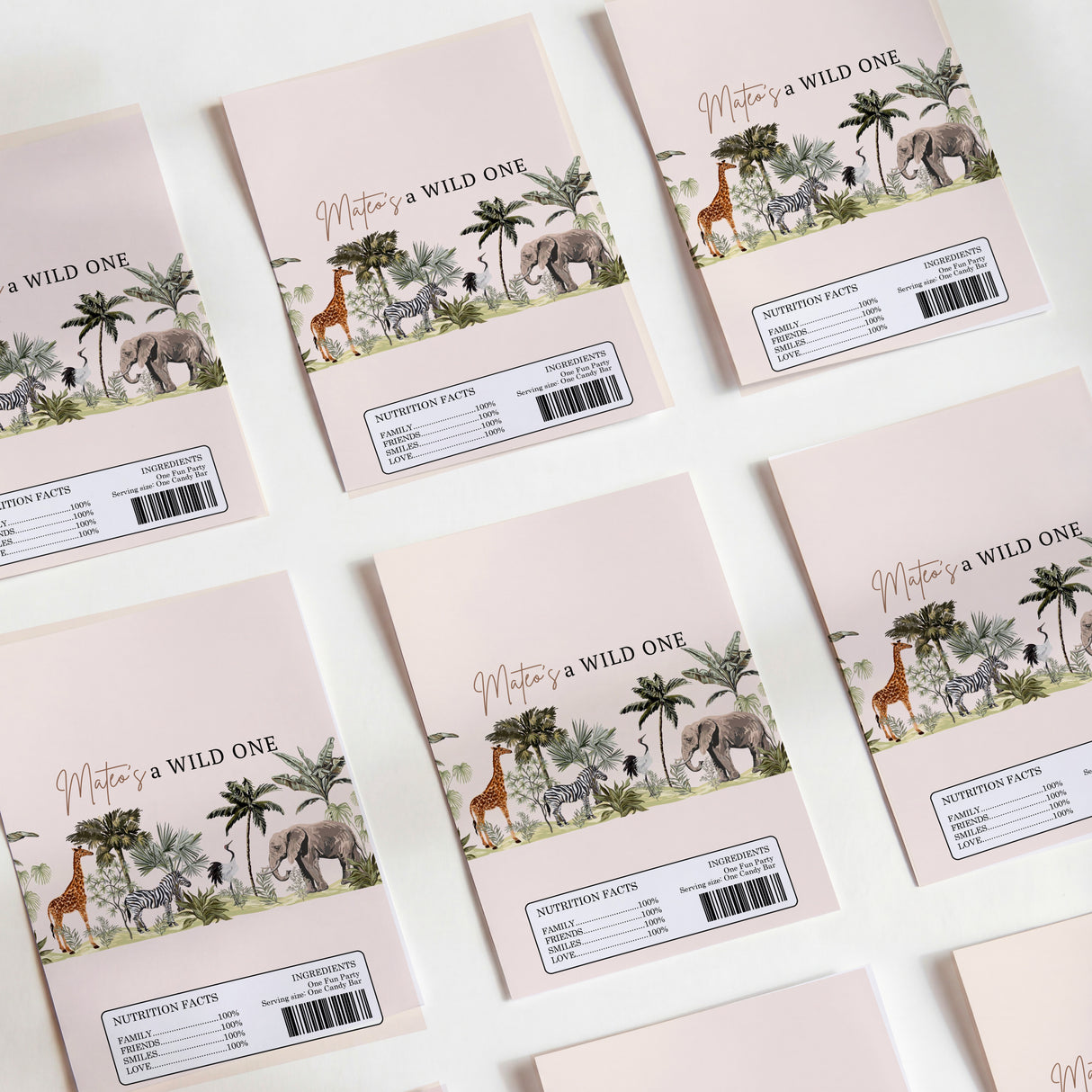 Jungle Wild One printed chocolate wrappers, pastel pink with jungle animals and barcode labels