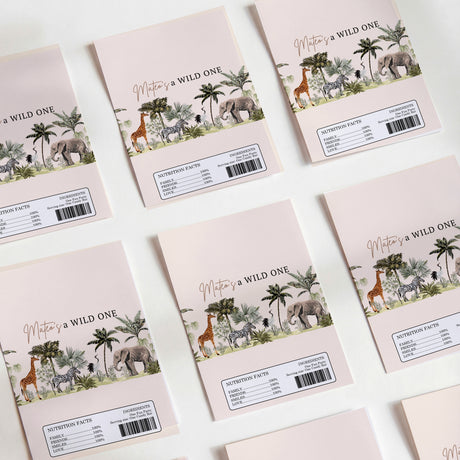 Jungle Wild One printed chocolate wrappers, pastel pink with jungle animals and barcode labels