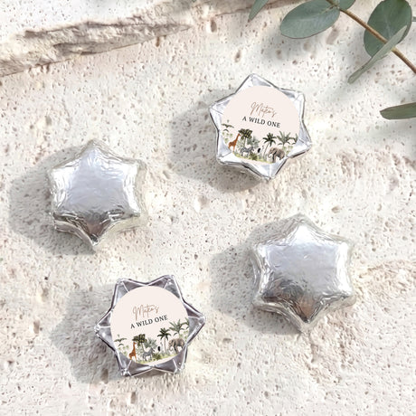 Jungle safari “A Wild One” foil-covered chocolate star set in silver