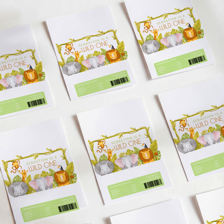 Jungle Wild One birthday chocolate wrappers, jungle animal print with green label and barcode