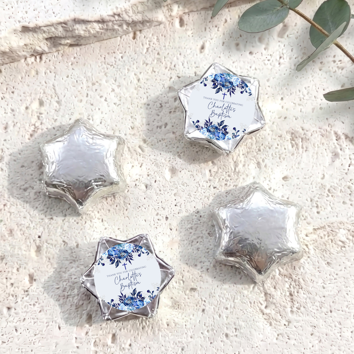 Baptism foil chocolate stars: blue floral thank-you label on silver star
