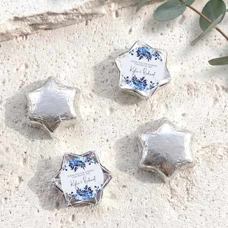 Foil chocolate star favours, silver foil with blue floral personalised message card