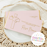 Pink chocolate bar wrapper with gold cross, dove, baptism thank-you message.