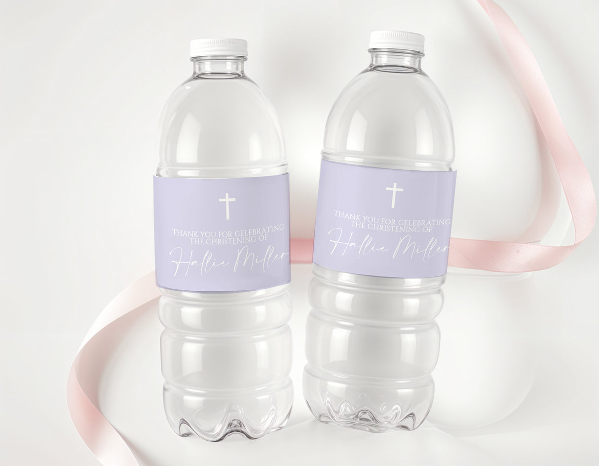 Lavender christening drink bottle labels with cross and thank-you text on two bottles