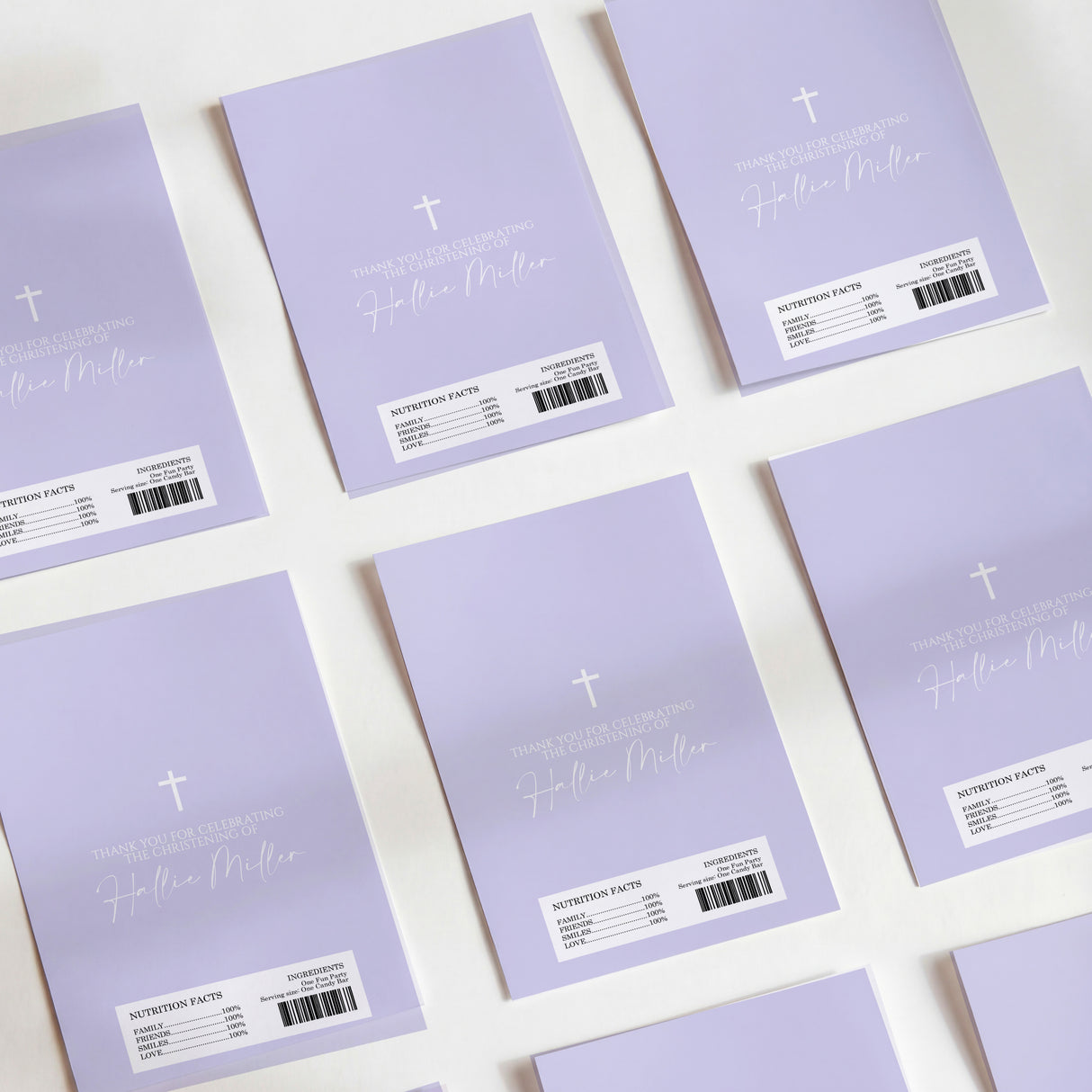 Lavender christening chocolate wrapper sheets with cross and script, barcode label