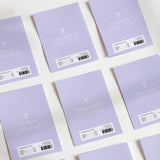 Lavender christening chocolate wrapper sheets with cross and script, barcode label