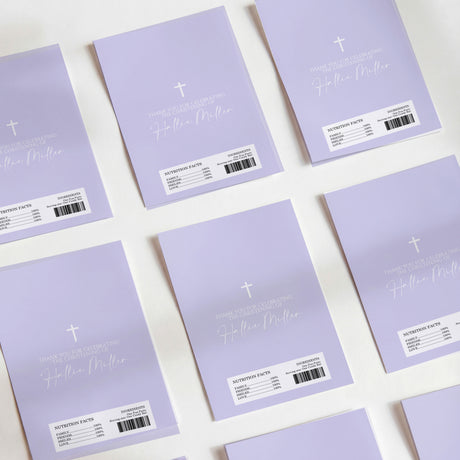 Lavender christening chocolate wrapper sheets with cross and script, barcode label