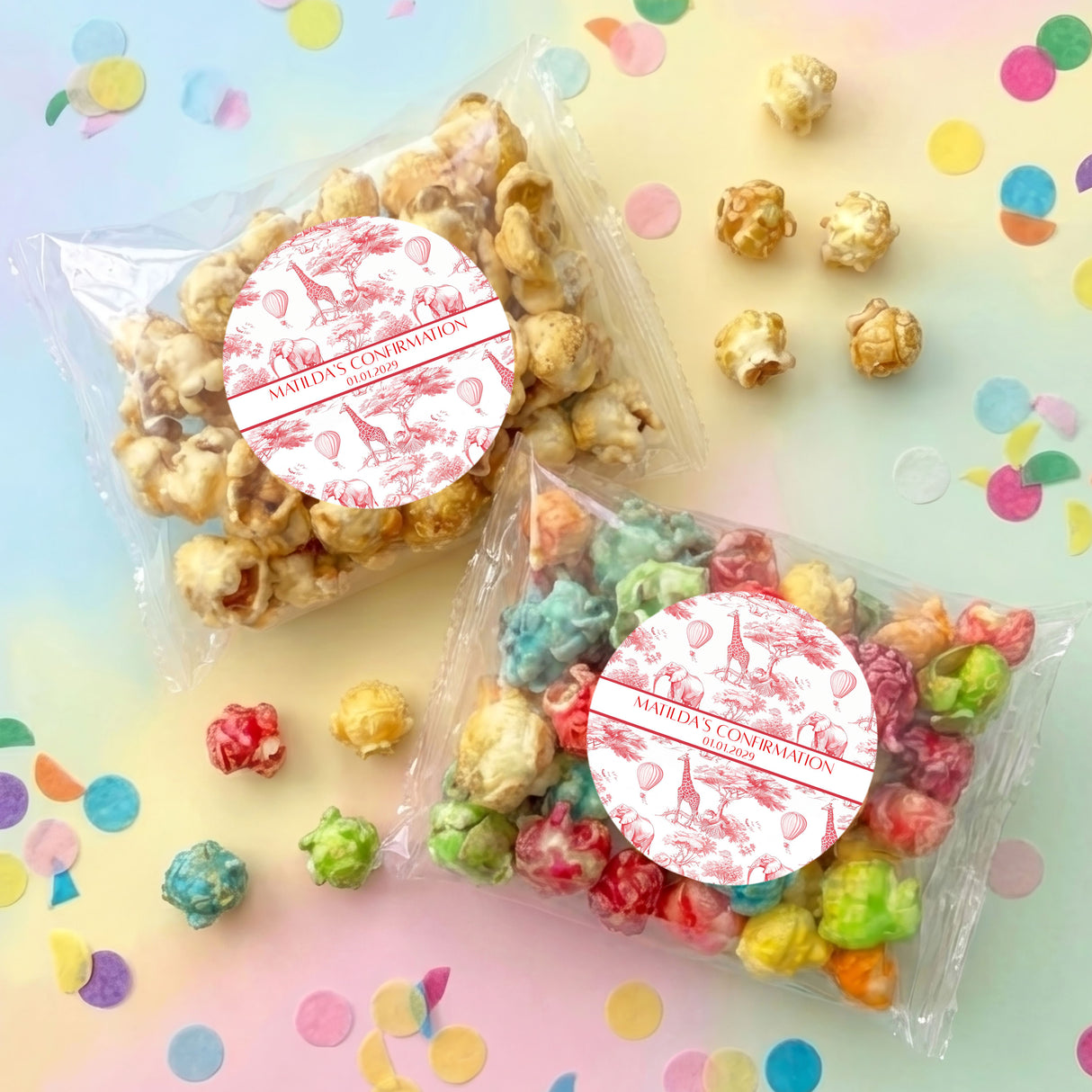 Red Safari Toile Confirmation Personalised Popcorn Bag