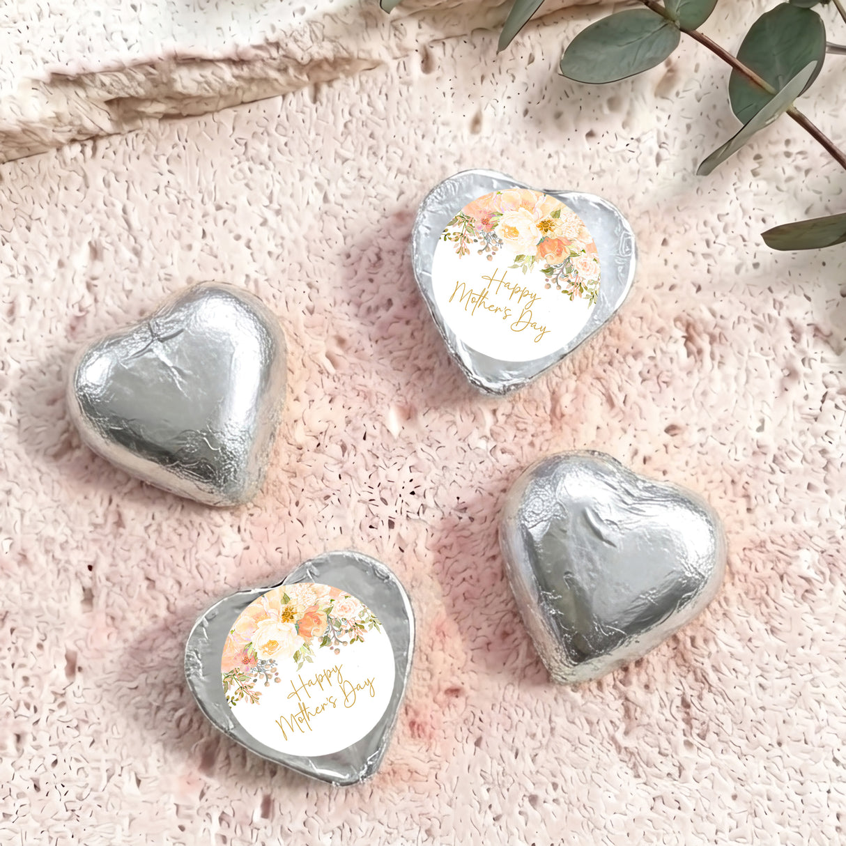Mother's Day foil-covered chocolate hearts, silver with floral card centers