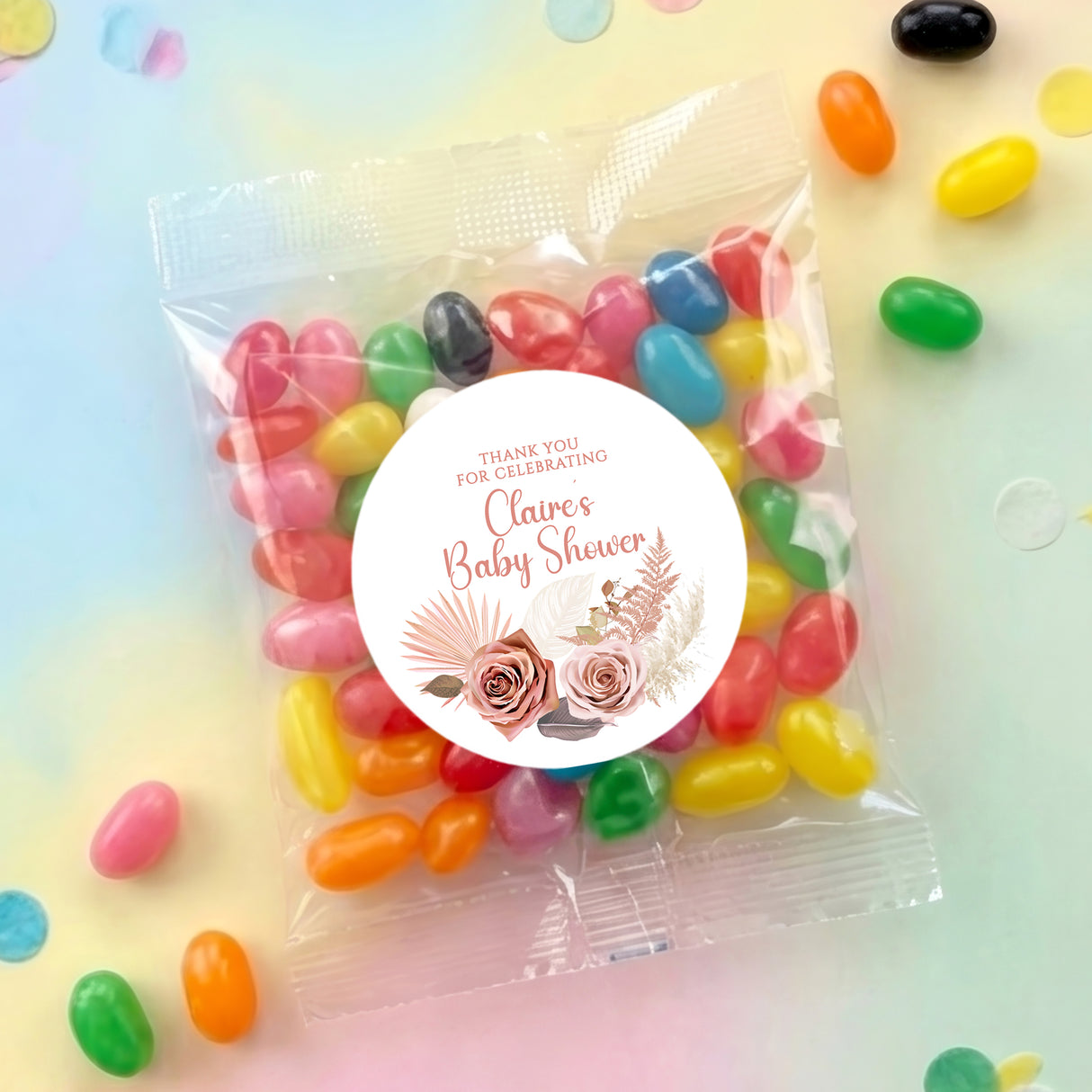 Personalised baby shower jelly bean bag with round thank-you label and mixed candies