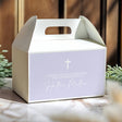 Lavender personalised gable favour box with cross and “Thank you for celebrating” message
