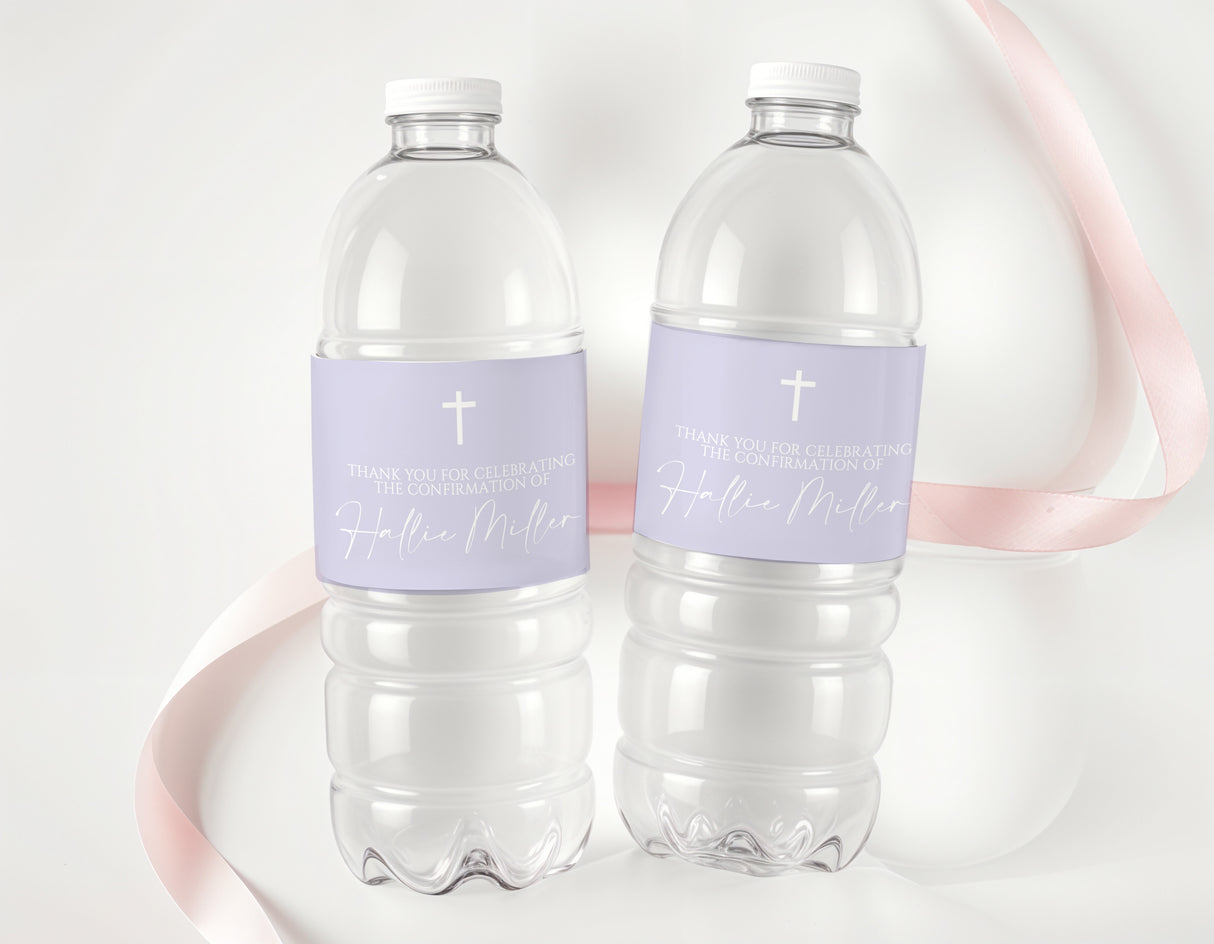 Lavender confirmation bottle labels on two clear water bottles with cross