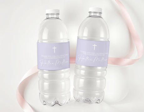 Lavender confirmation water bottle labels with cross, personalisation text on two bottles
