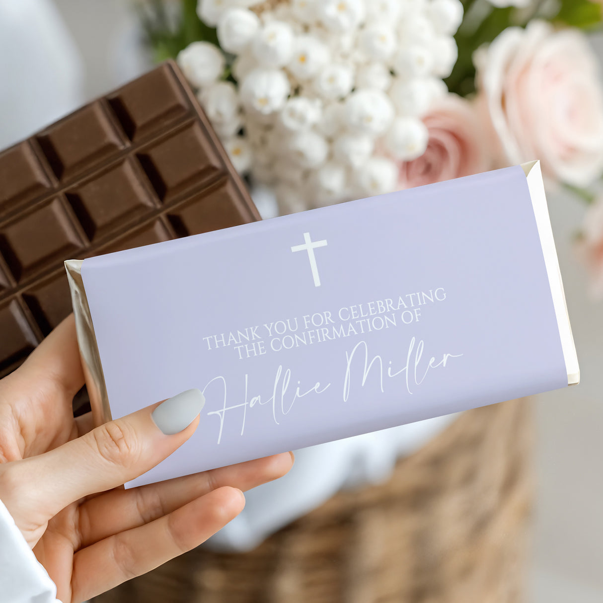 Lilac confirmation chocolate bar with white cross and 'Thank you' message on wrapper