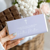 Lilac confirmation chocolate bar with white cross and 'Thank you' message on wrapper