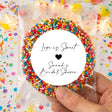 Giant freckles candy bag with label: 'Love is Sweet' and 'Sarah's Bridal Shower'.