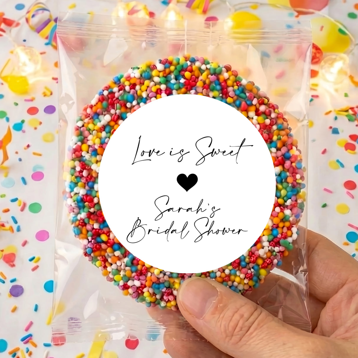 Giant freckles candy bag with label: 'Love is Sweet' and 'Sarah's Bridal Shower'.