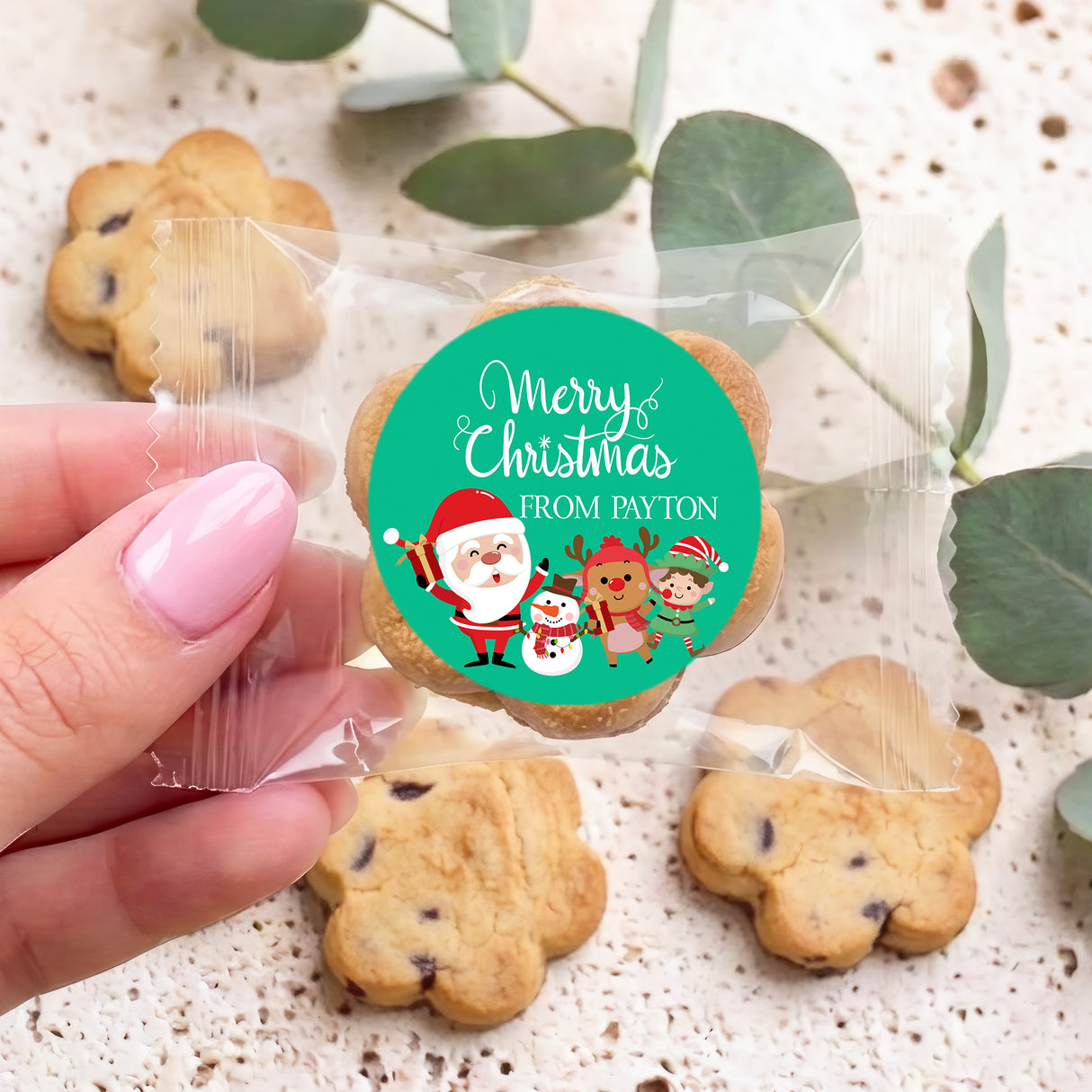 Merry Christmas Green Personalised Bite Size Choc Chip Cookies