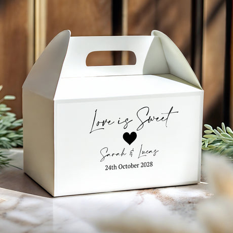 Personalised gable favour box, white, handle cutout, Love is Sweet heart, names and date
