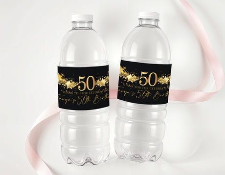 Personalised 50th birthday water bottle labels, black with gold star 50 design