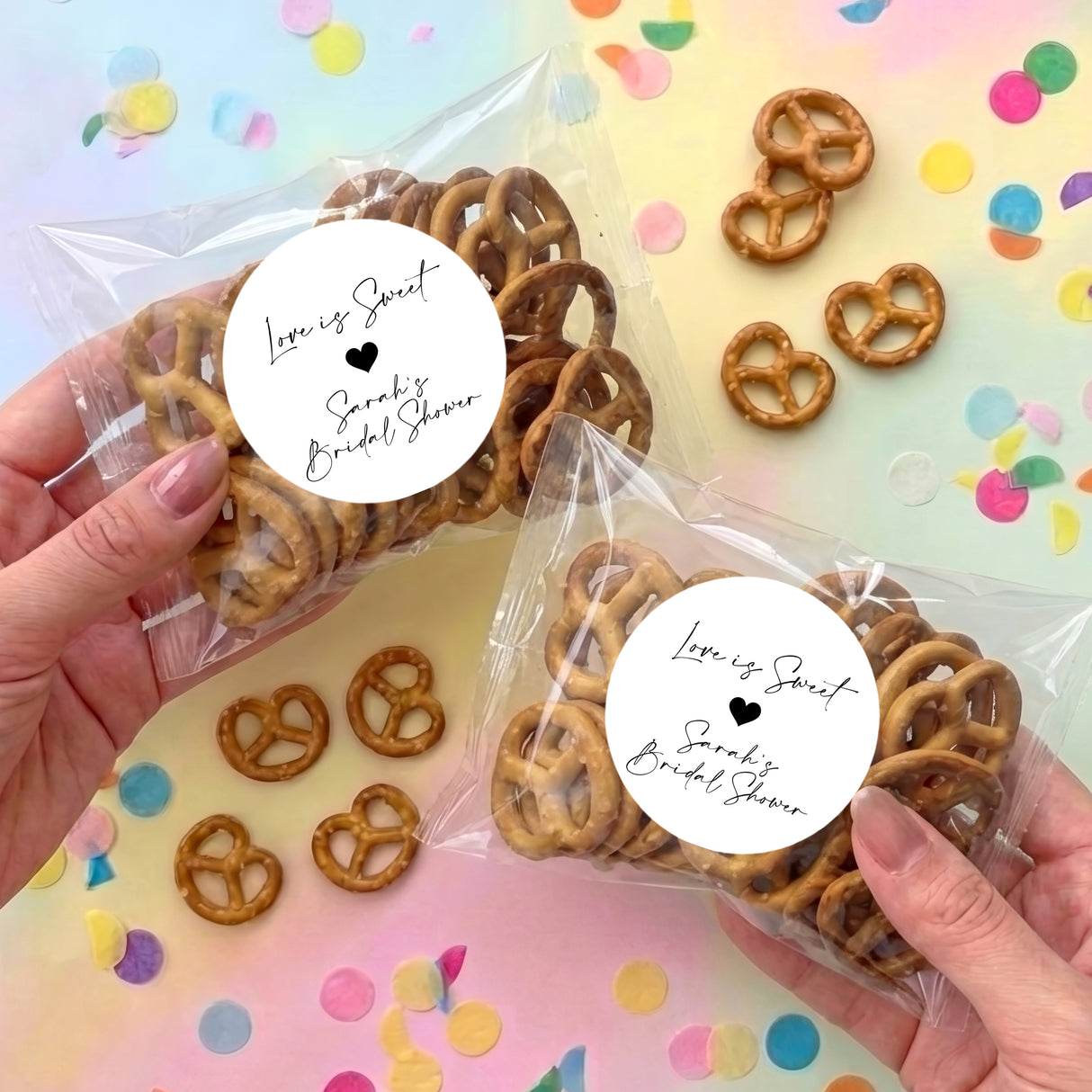 Personalized bridal shower pretzel bags with heart pretzels and round Sweet sticker labels