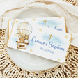 Baptism chocolate bar with hot air balloon and animal illustration, blue star accents