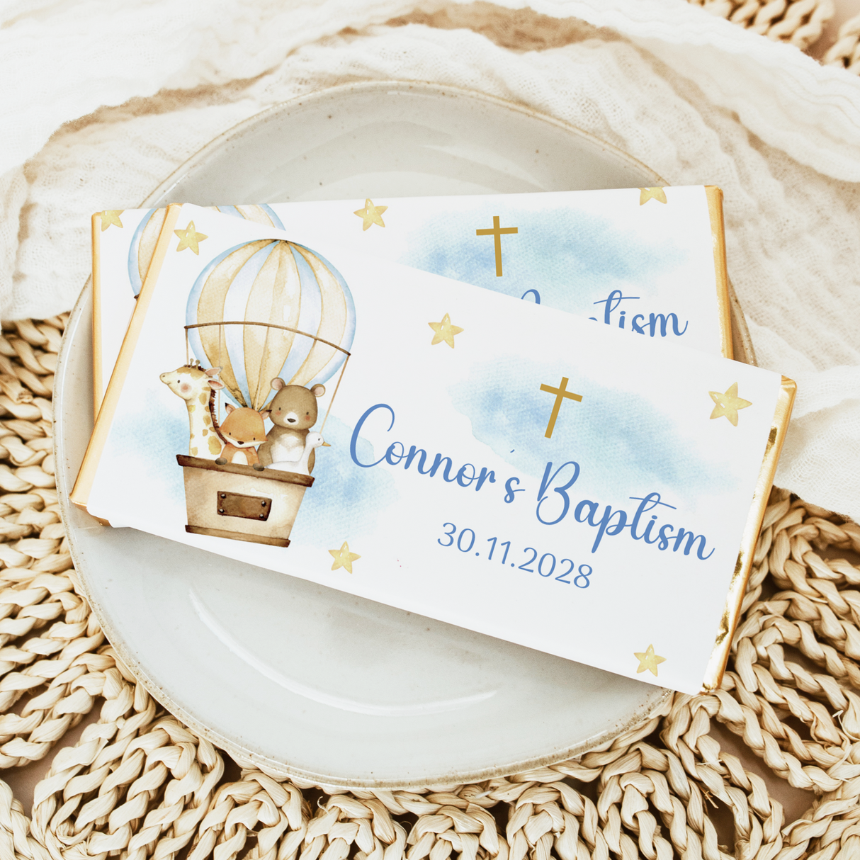 Baptism chocolate bar with hot air balloon and animal illustration, blue star accents