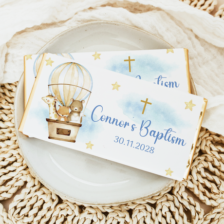 Baptism chocolate bar with hot air balloon and animal illustration, blue star accents