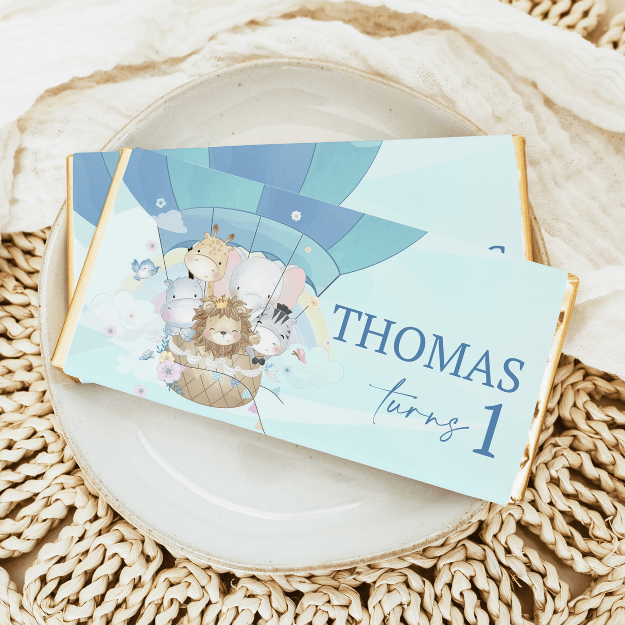 Blue hot air balloon chocolate bar wrapper with animals, THOMAS and Turning 1