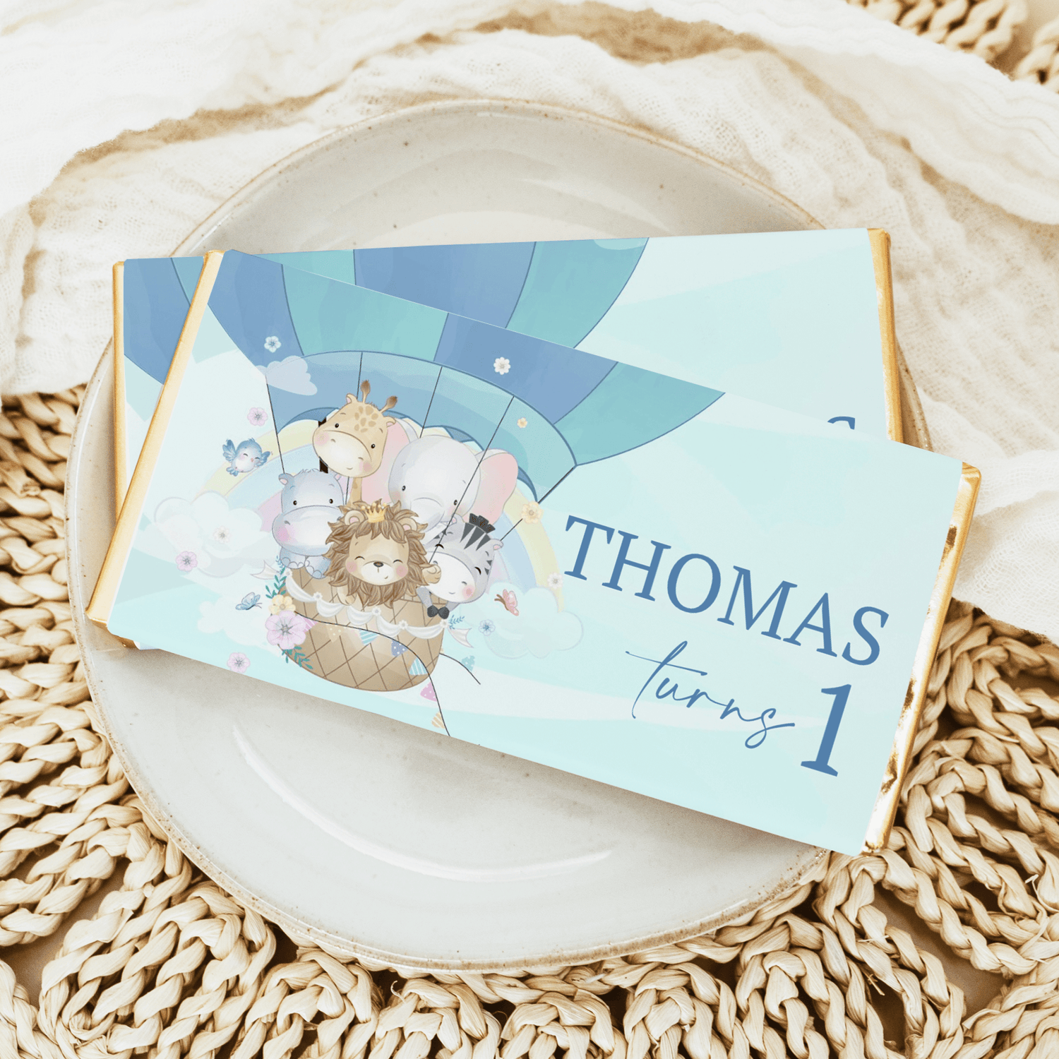 Blue hot air balloon chocolate bar wrapper with animals, THOMAS and Turning 1