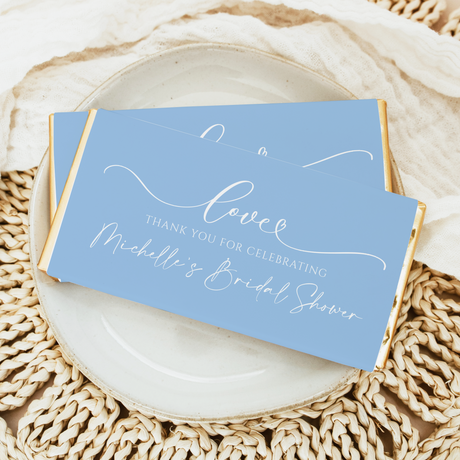 Blue bridal shower chocolate bar gift wrap with ribbon-style thank-you Love message
