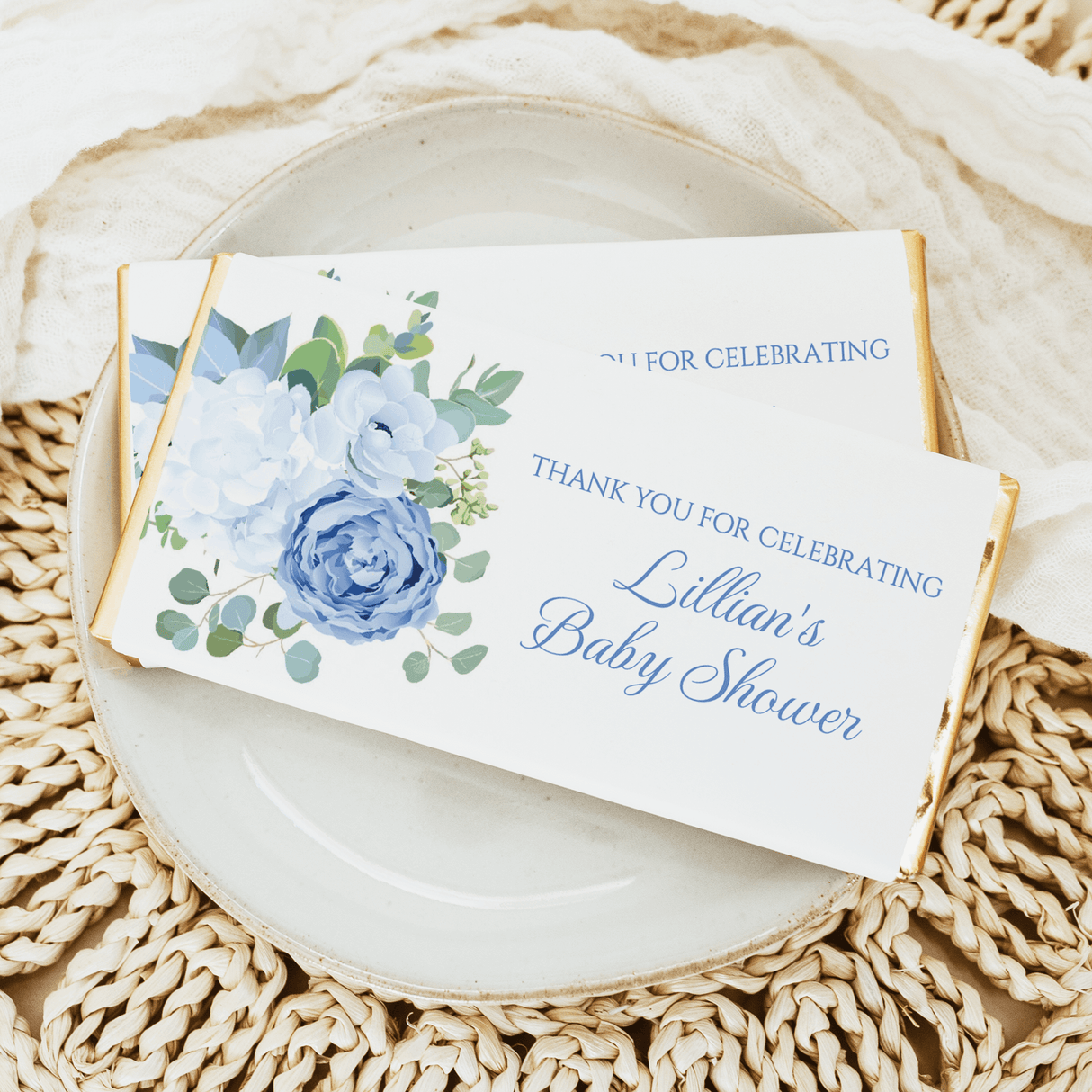 Personalised baby shower chocolate bars with blue hydrangea floral wrappers, “Lillian’s Baby Shower”