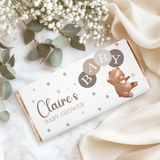 Baby shower chocolate bar wrapper with Claire's name, bear, balloon shapes, polka dots