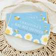 Bee-themed blue chocolate bar wrappers with personalized shower text