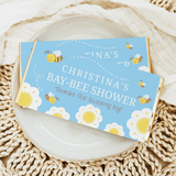 Bee-themed blue chocolate bar wrappers with personalized shower text