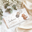 Bear-themed chocolate bar wrapper on satin with name, polka dots and teddy bear
