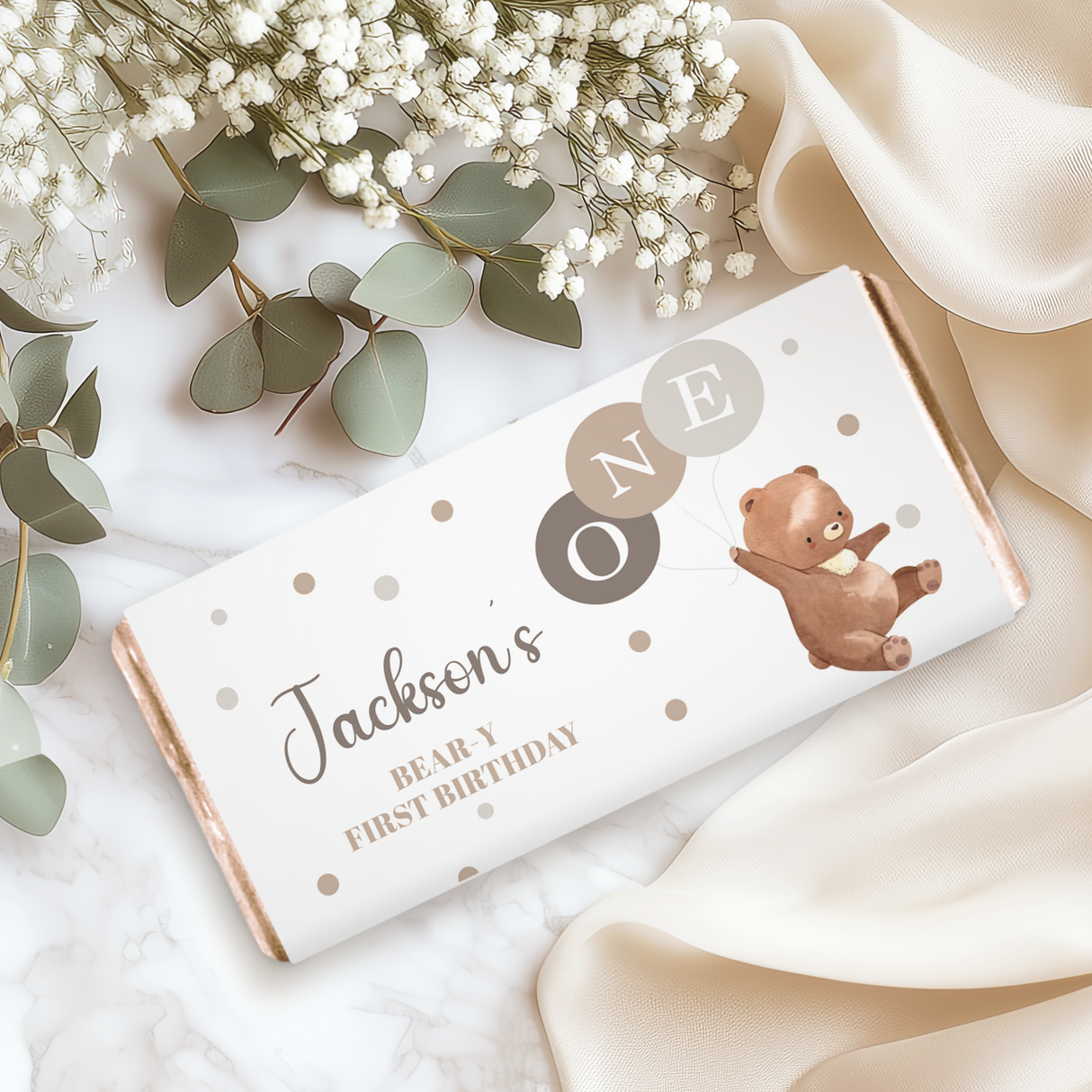 Bear-themed chocolate bar wrapper on satin with name, polka dots and teddy bear