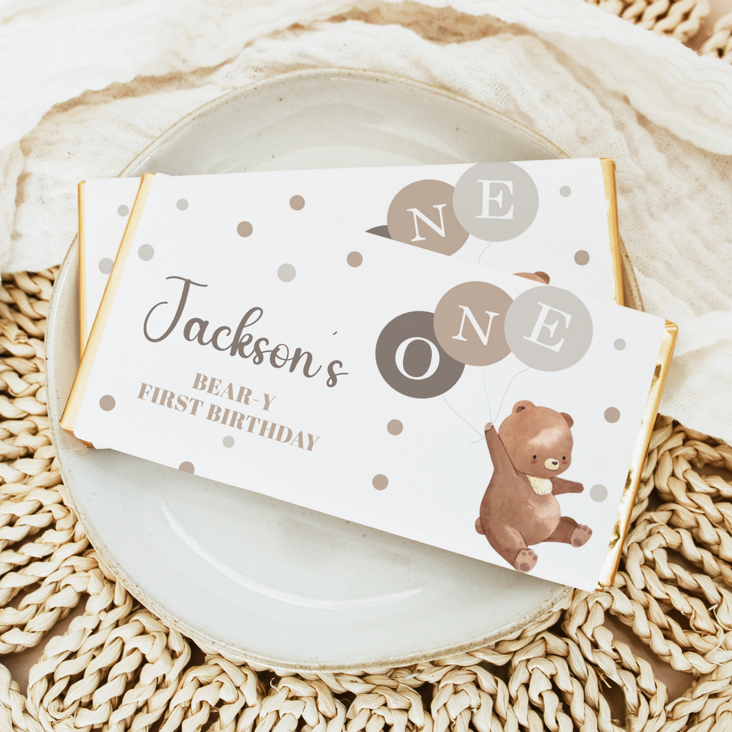 Bear-themed first birthday chocolate bar wrapper with name and polka dots
