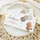 Bear-themed first birthday chocolate bar wrapper with name and polka dots