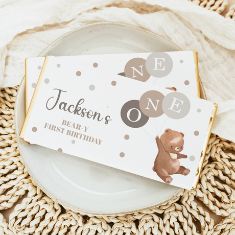 Bear-themed first birthday chocolate bar wrapper with name and polka dots