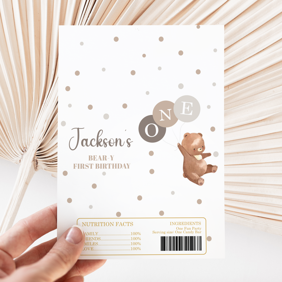 Beary First Birthday Brown Teddy Bear DIY Printed Chocolate Wrappers