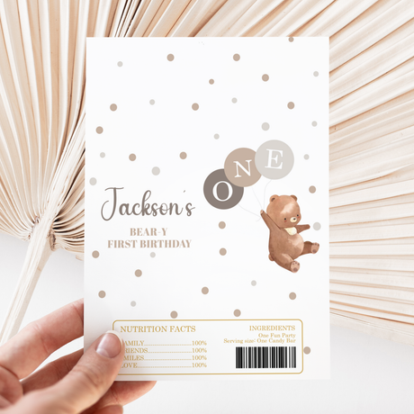 DIY printed chocolate wrapper with brown teddy bear, polka dots, and 'Jackson's' text