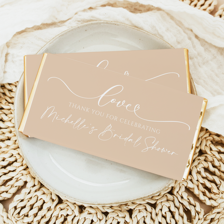 Beige bridal shower chocolate bar wrapper with "Love" and thank-you text