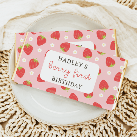 Berry strawberry custom chocolate bar wrapper: “Hadley’s Berry First Birthday”