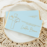 Blue baptism chocolate bar wrapper with gold cross and dove, thank-you message